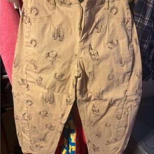 Easel Tan Cactus, horse, cowboy hat & Horseshoe Print barrel Pants